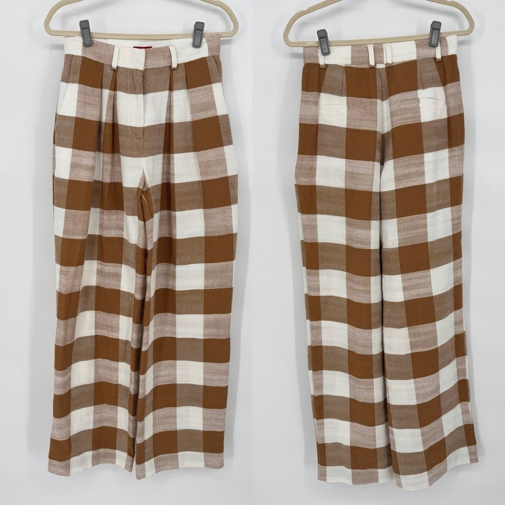 STAUD Sz 4 Luisa Pants Beige Gingham Pleated Wide Leg Trousers High Rise‎ Cotton